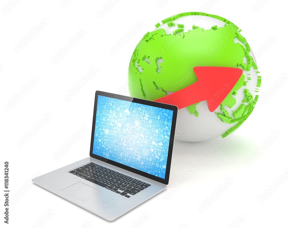 Laptop network and earth globe. 3d render Laptop network and earth globe. 3d render