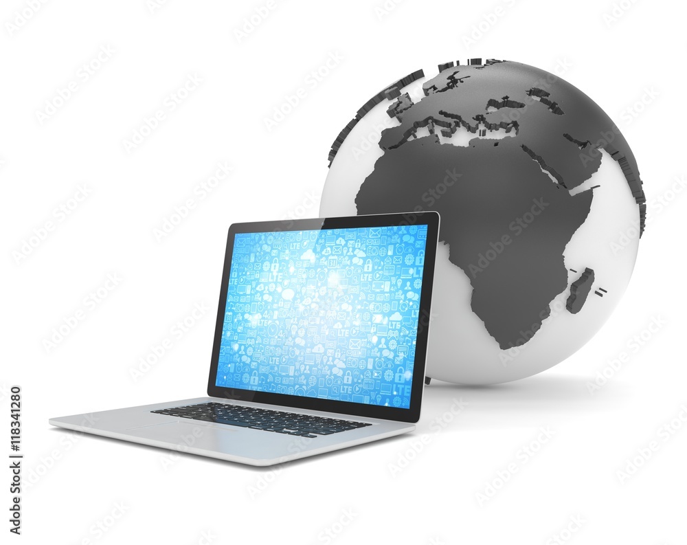 Laptop network and earth globe. 3d render Laptop network and earth globe. 3d render