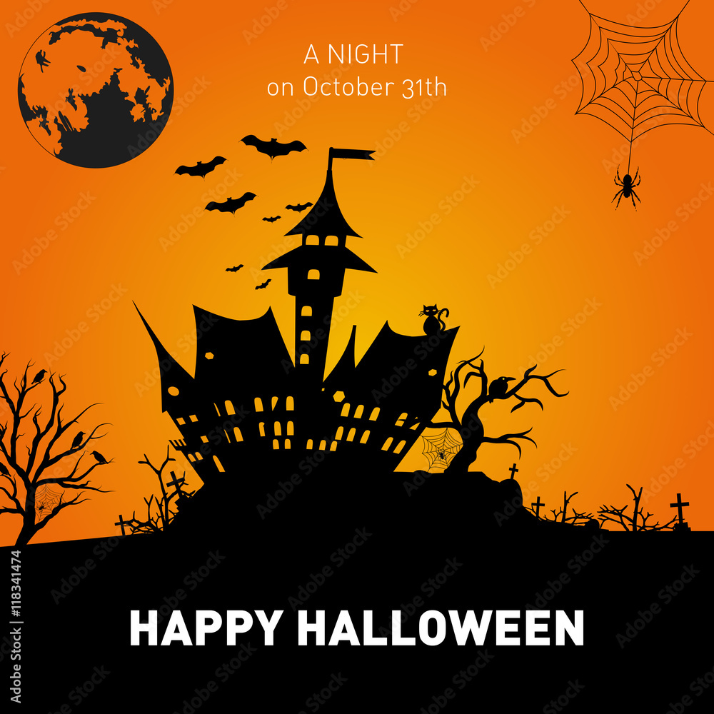 Happy Halloween Poster on orange background. .Vector illustration.