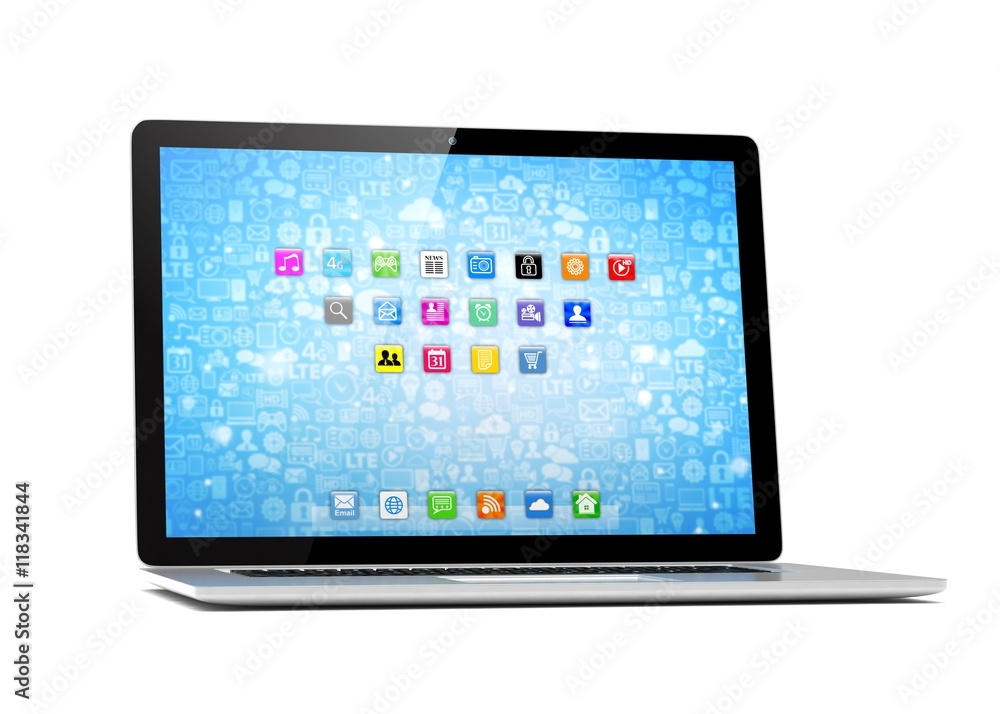 3d rendering of a laptop with blue wallpaper with app icon 3d rendering of a laptop with blue wallpaper with app icon