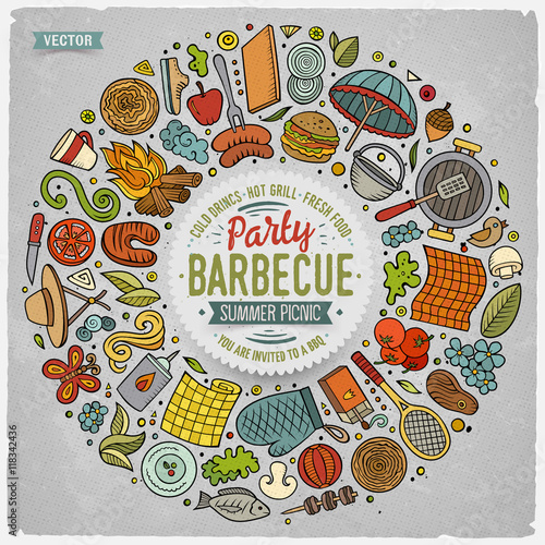 Set of Picnic cartoon doodle objects, symbols and items