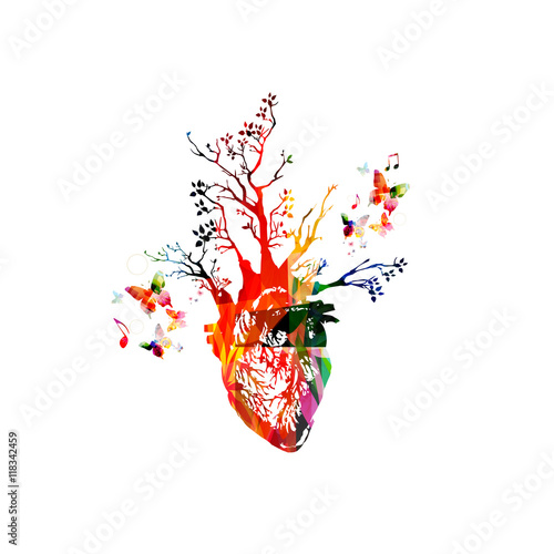 Vector illustration for healthy lifestyle concept combining colorful human heart with growing trees