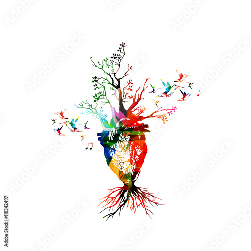 Vector illustration for healthy lifestyle concept combining colorful human heart with growing trees