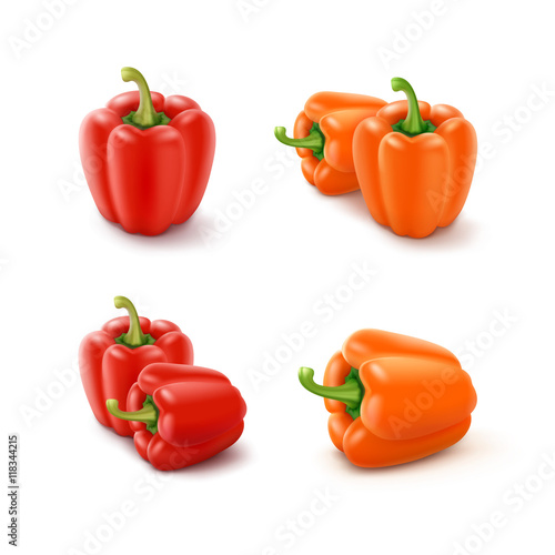 Vector Set of Colored Orange and Red Sweet Bulgarian Bell Peppers, Paprika Isolated on White Background