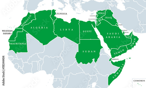 Arab World political map, also called Arab nation, consists of twenty-two arabic-speaking countries of the Arab League. All nations in green color, plus Western Sahara and Palestine. English labeling.