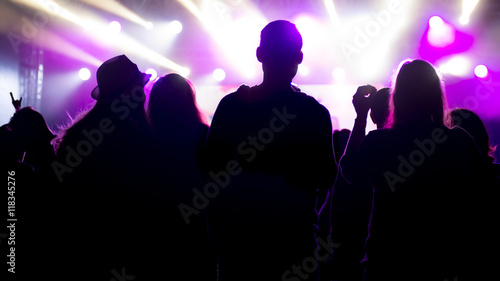 Friends enjoying concert, people dancing at a party, silhouettes