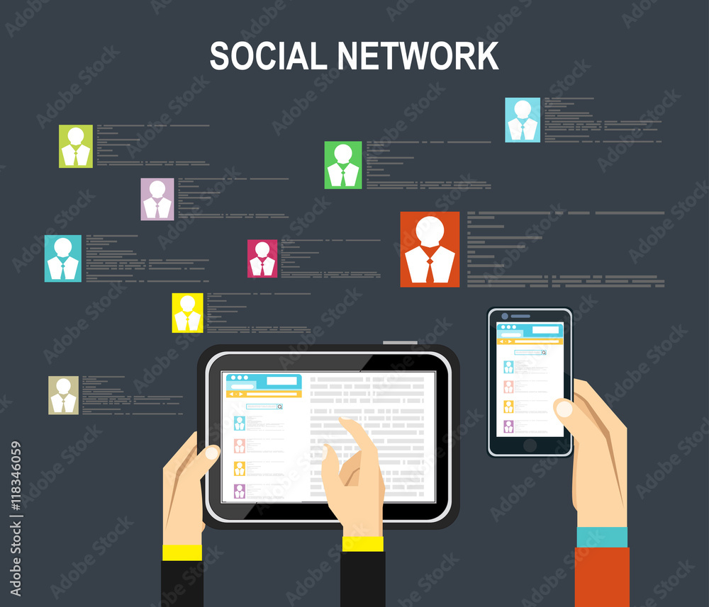 Social Network Vector Concept. Flat Design Illustration for Web Sites Infographic Design. Communication Systems and Technologies.