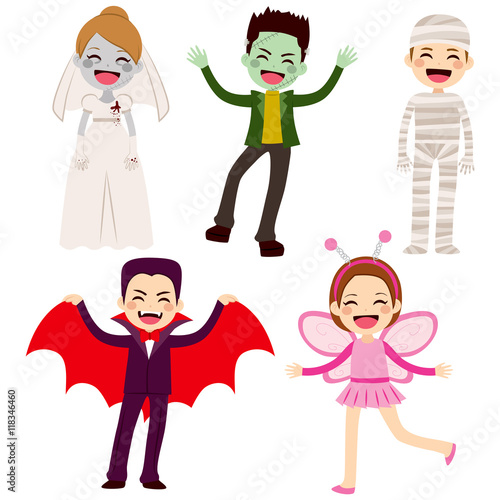 Cute lovely collection of little cheerful children disguised with different Halloween costumes