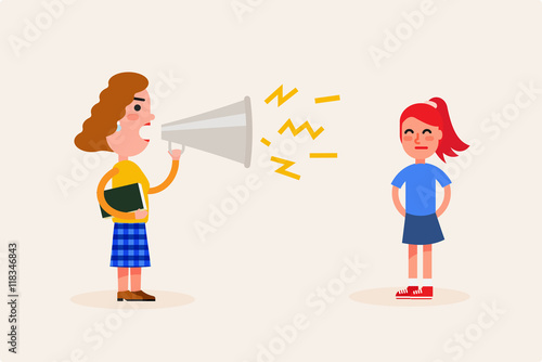 Angry teacher scolds the girl. Vector flat illustration. Bad emotions concept.