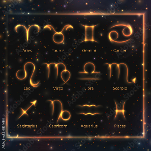 VECTOR eps 10. Glowing Golden Astrology 12 Zodiac Signs. 