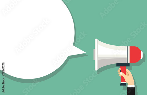 Hand holding megaphone with bubble speech