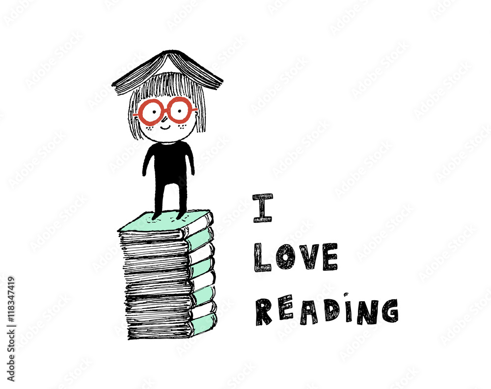 Naklejka premium I love reading,a girl on top of a pile of books.Hand drawn vecto