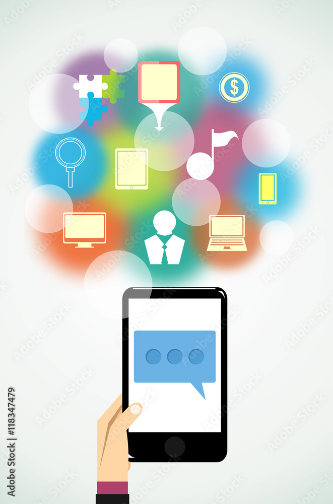 Hand holding mobile phone with icons. Concept of communication in the network. Hand holding mobile phone with icons. Concept of communication in the network.