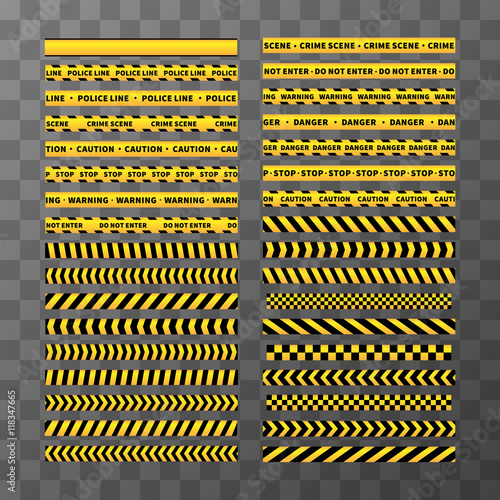 Set of different seamless yellow and black caution tapes on transparent background
