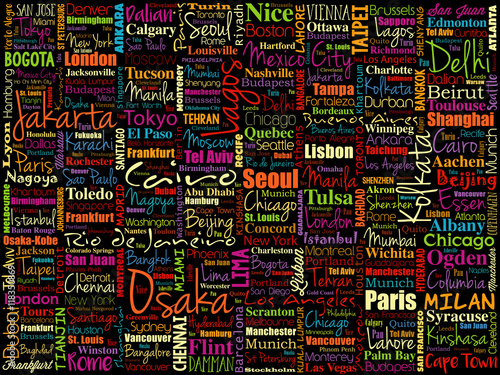 The largest cities in the world word cloud collage, travel destinations concept background