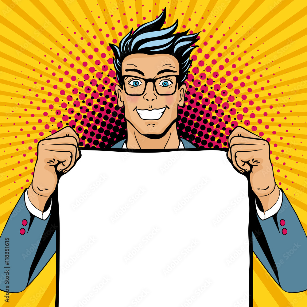 Wow pop art man. Young happy surprised man in glasses with open smile  holding empty poster. Vector illustration in retro comic style. Vector pop  art background. Stock Vector | Adobe Stock