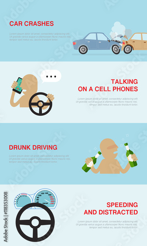infographics banners collection with causes of car accidents, talk on a cell phone, drunk driving, speeding and distracted