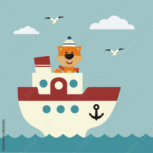 Funny fox sailor on bridge of ship. Icon sea travel.