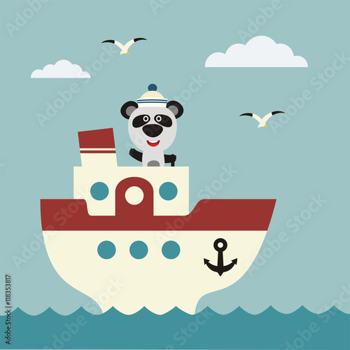 Funny panda bear sailor on bridge of ship. Icon sea travel.