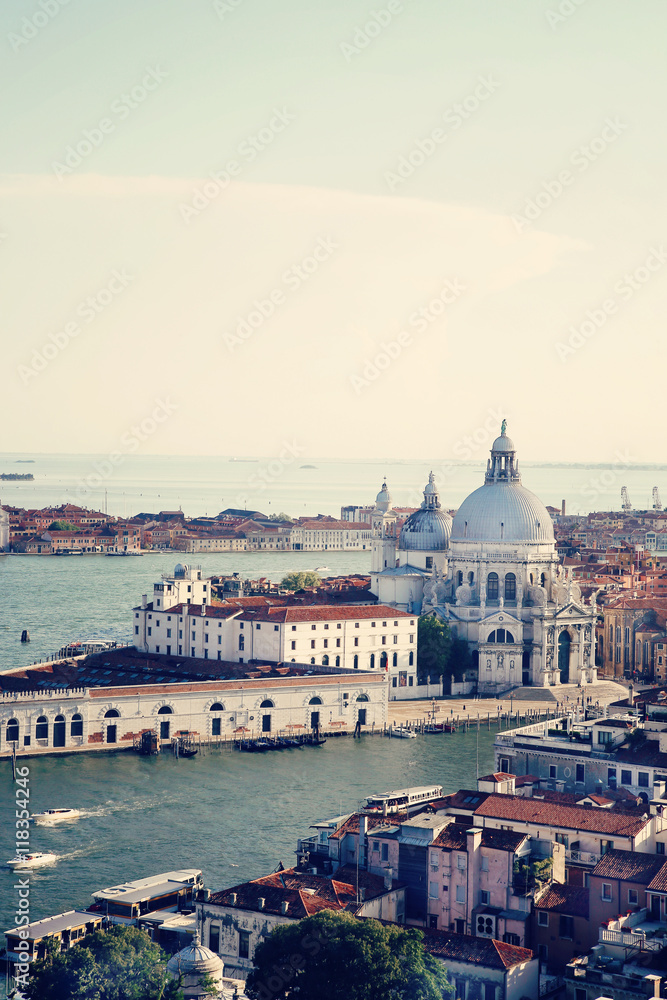 Aerial View of the Grand Canal and Basilica Santa Maria della Salute, Venice, Italy. European summer vacation concept. Vintage color post processed
