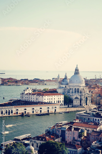 Aerial View of the Grand Canal and Basilica Santa Maria della Salute, Venice, Italy. European summer vacation concept. Vintage color post processed © Nicolae Merceanu