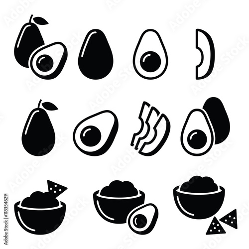 Avocado cut in half, fruit, guacamole with nachos icons set 