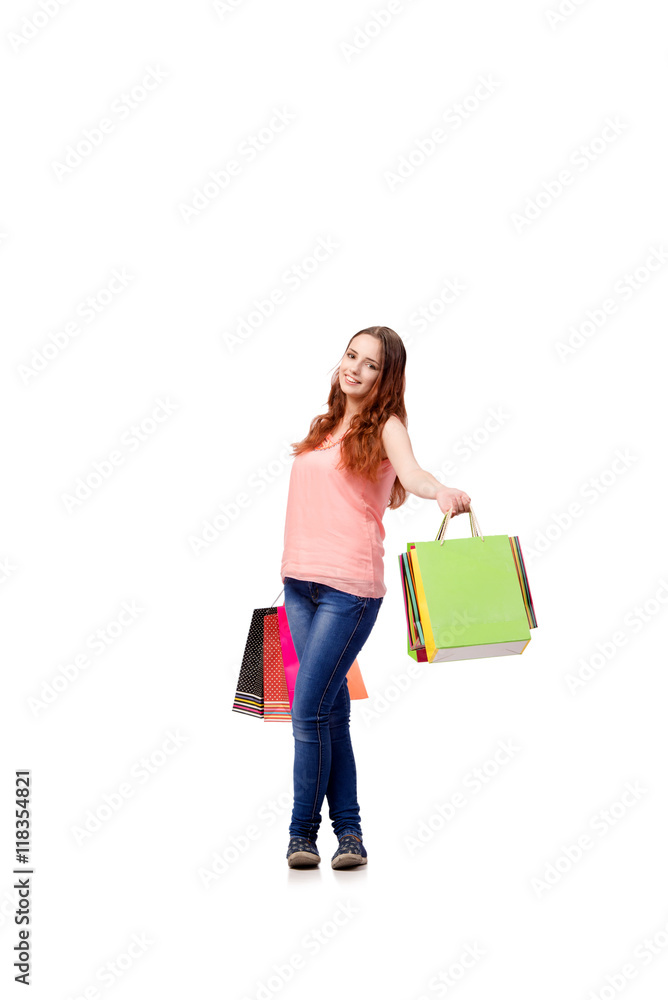 Happy woman after good shopping isolated on white