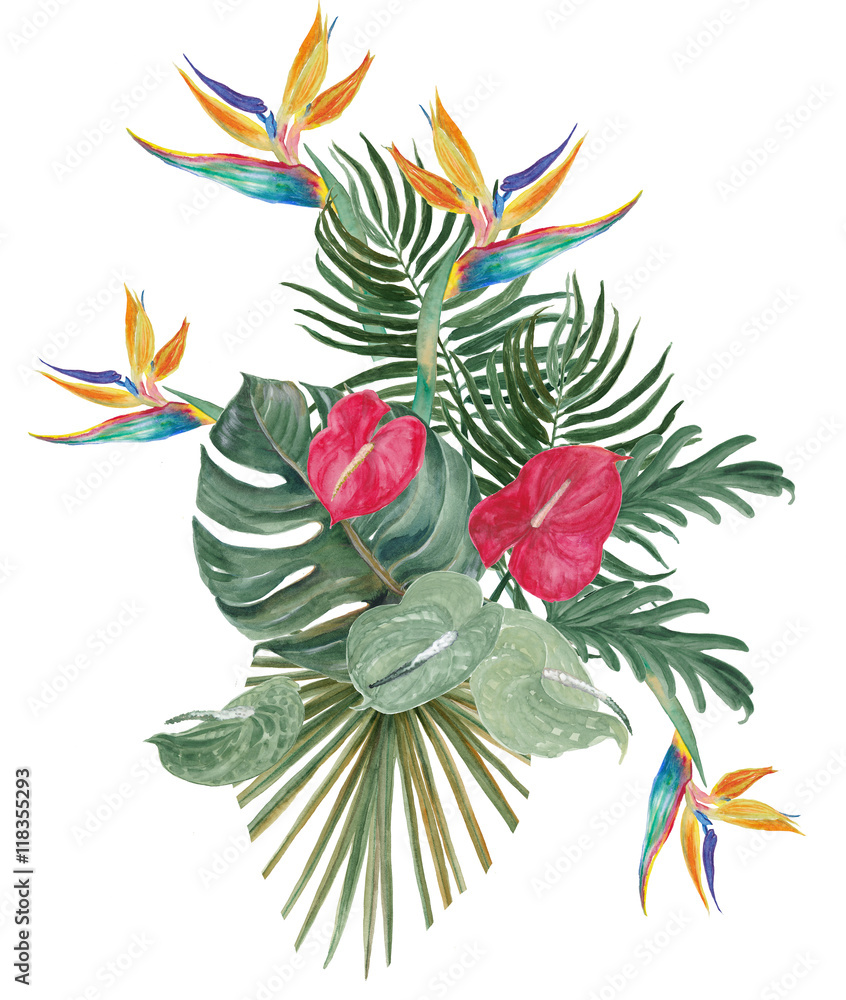 Colorful floral collection with leaves and tropical flowers drawing watercolor. Design for invitation, wedding or greeting cards
