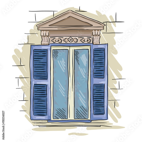 Hand drawn window. Vintage artistic architecture window with blue shutters