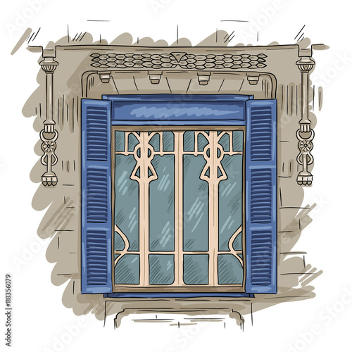 Hand drawn window. Vintage artistic architecture window with blue shutters