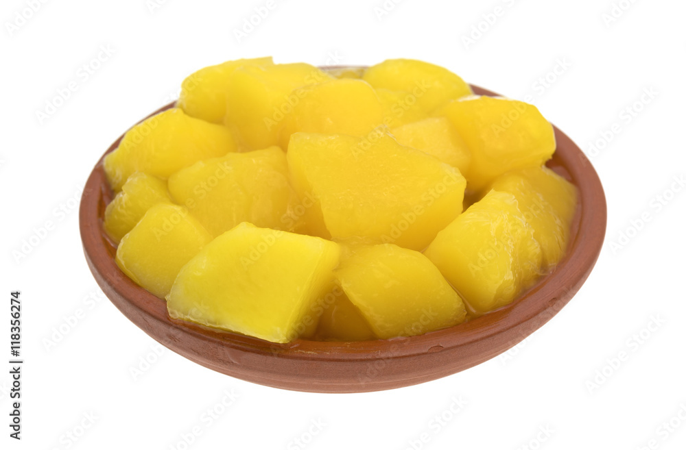 Diced mangoes in a small dish on a white background. Diced mangoes in a small dish on a white background.