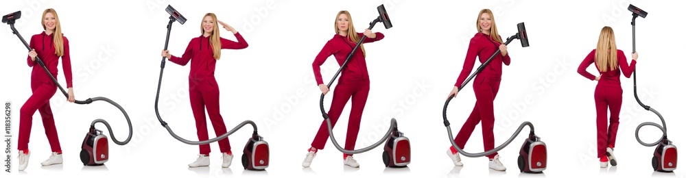 Young woman with vacuum cleaner on white Young woman with vacuum cleaner on white