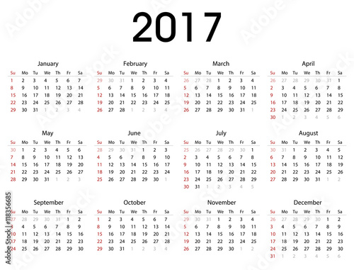 Simple 2017 calendar template for commercial and private use - week starting with Monday