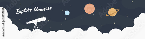 Exploring Universe flat illustration. Telescope on clouds observing space