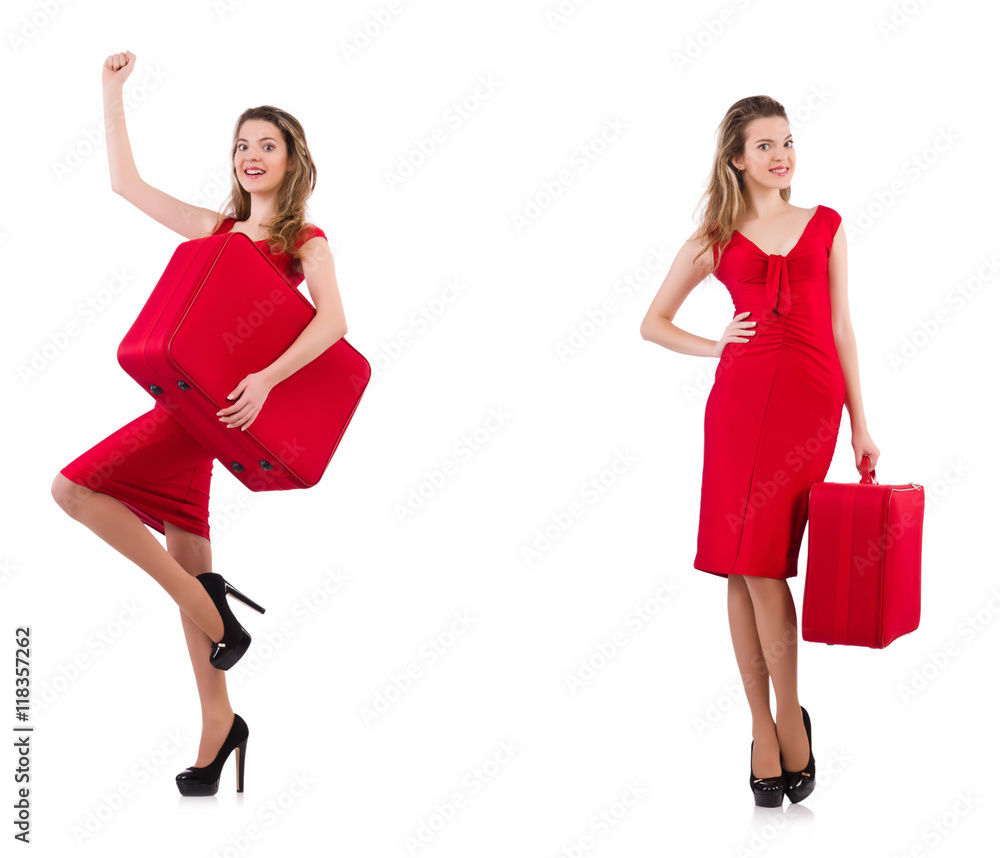 Young woman in red dress with suitcase isolated on white Young woman in red dress with suitcase isolated on white