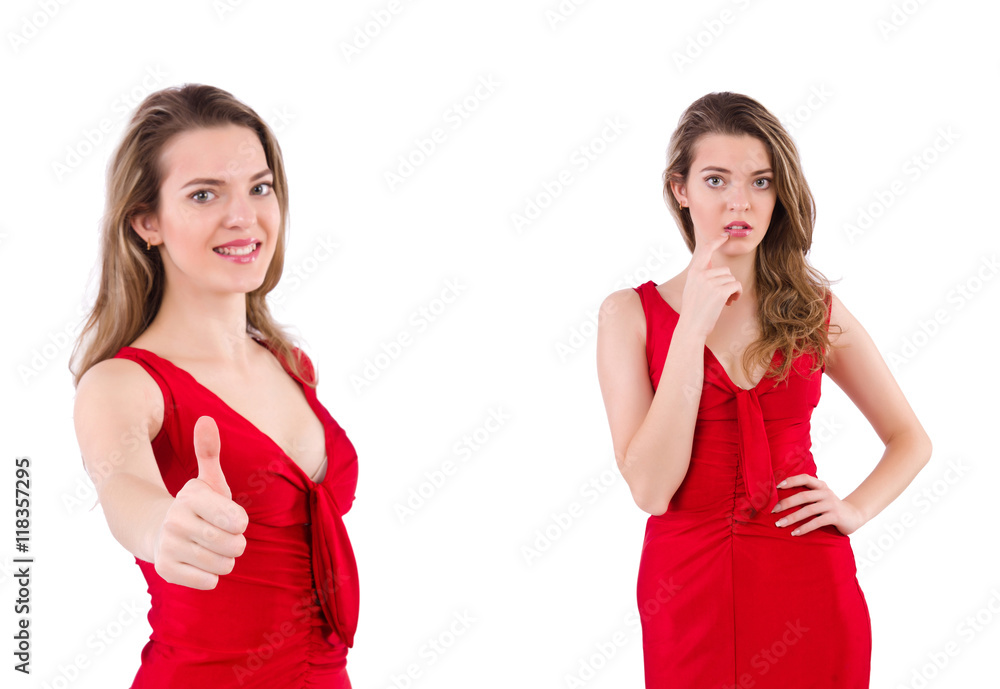 Young woman in red dress isolated on white