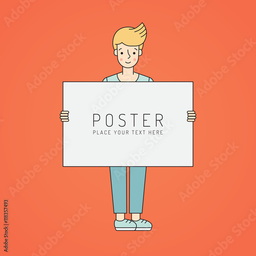 Young blonde woman holds poster. Simple outline design.