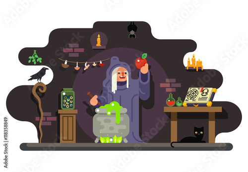 Witch cook magical sweet apple laboratory icons set background flat design vector illustration