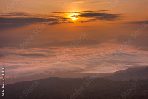 Layer of mountains in the mist at sunrise time at Phu Kradueng National Park, Thailand