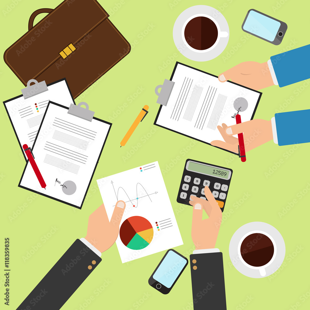 Concept of working process and workplace organization for business team Concept of working process and workplace organization for business team