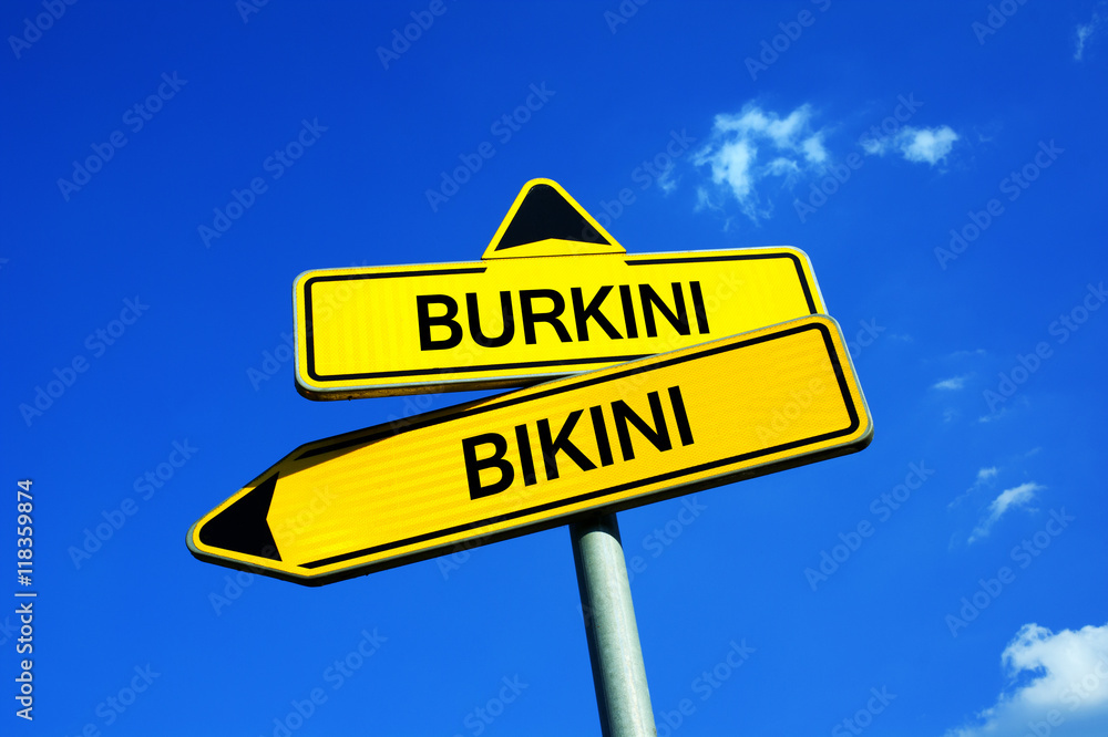 Burkini vs Bikini - Traffic sign with two options - classical swimsuit  versus bathing clothes for muslim women and girls. Modest covering of body  during swimming on beach or in pool Stock