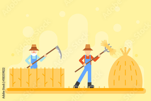 Autumn hay peasant harvestman harvest Icon Village Hills Field Landscape Background Flat Design Vector Illustration