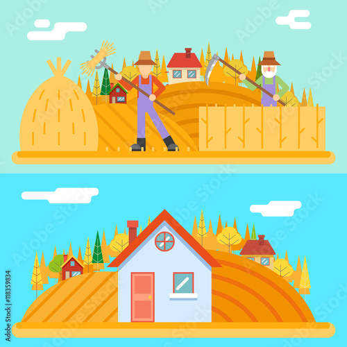 Autumn hay peasant harvestman harvest Icon Village Hills Field Landscape Background Flat Design Vector Illustration