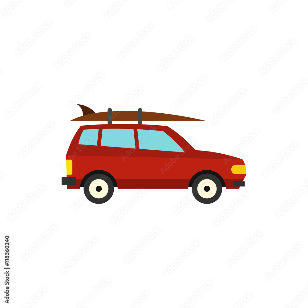 Red car with surfboard icon in flat style on a white background