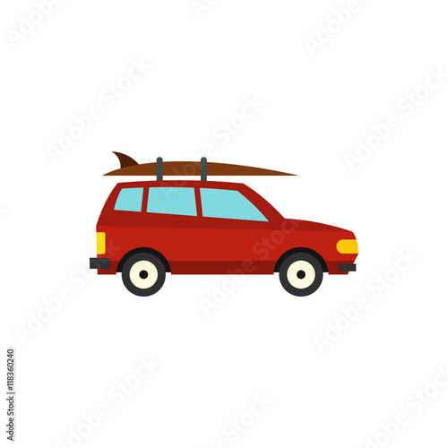 Red car with surfboard icon in flat style on a white background