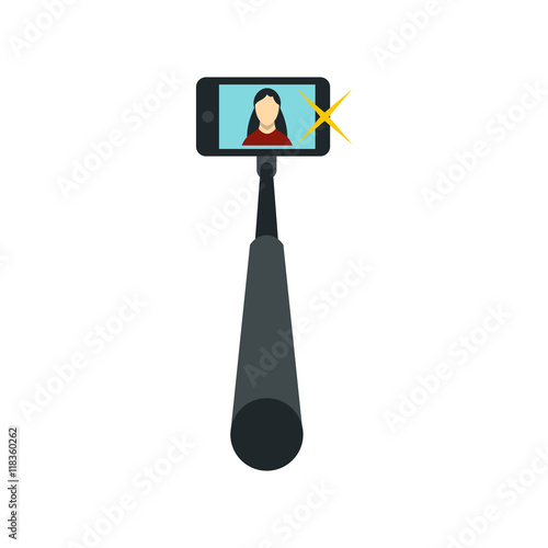 Selfie monopod stick with smartphone and woman in a frame icon in flat style on a white background