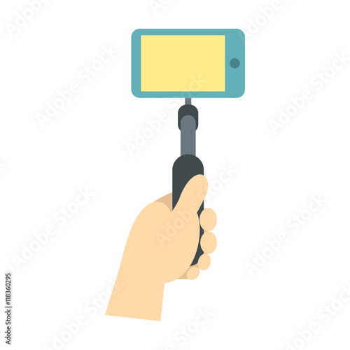Hand holding selfie monopod stick icon in flat style on a white background