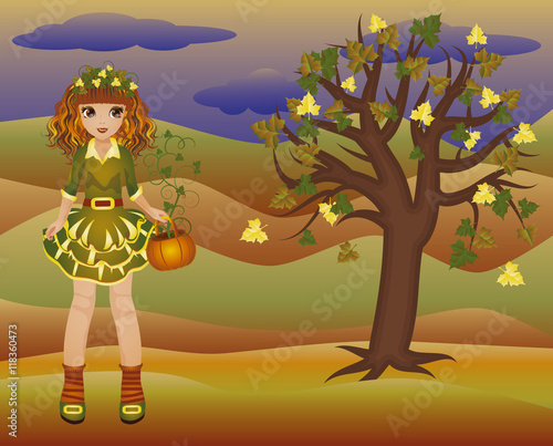 Little autumn girl and seasons tree, vector illustration