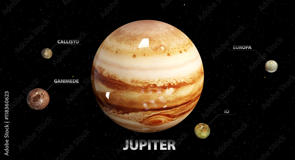 Naklejka premium 3d illustration of Jupiter's moons and star. Elements of this im