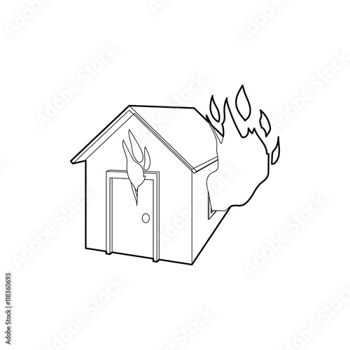 House on fire icon in outline style on a white background